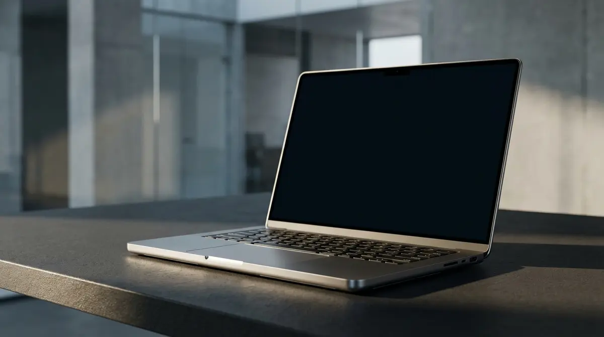 A high-performance laptop displayed in a professional studio setting.