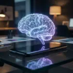 Futuristic smartphone emitting digital brain waves representing artificial intelligence.