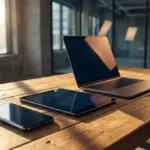 A modern smartphone tablet and laptop arranged on a well-lit wooden desk