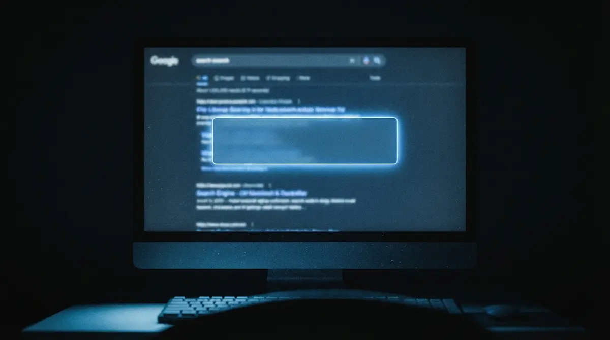 Computer screen showing an AI search suggestion in a dark room.