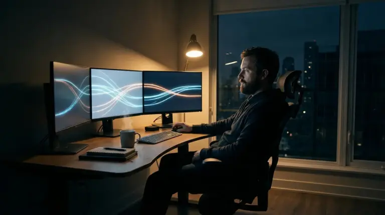 Developer watching autonomous background processes on multiple screens.