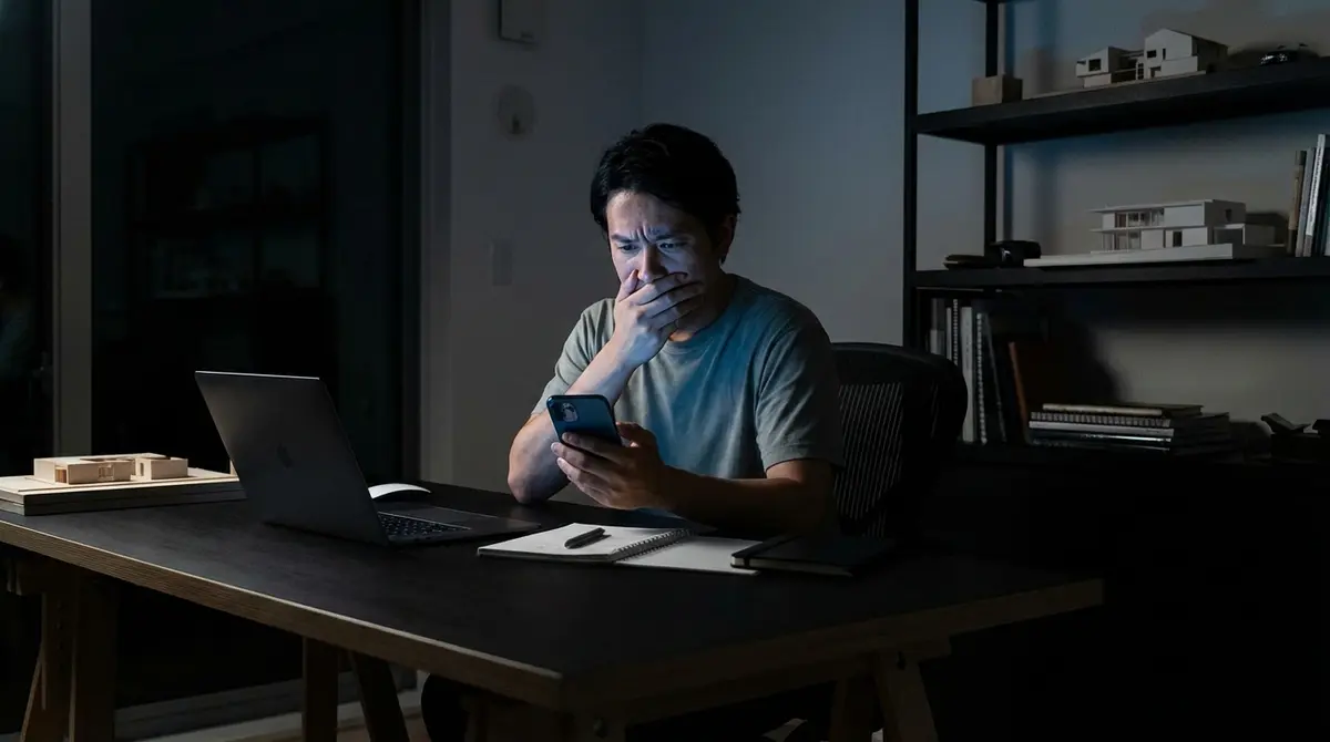 A concerned banking customer looking at a phone screen in a dark room.