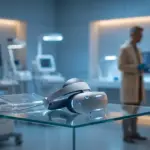 A sleek, non-invasive ultrasound brain interface headset on a glass table.