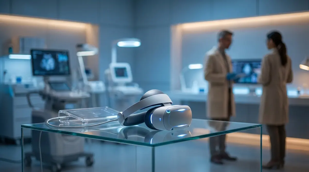 A sleek, non-invasive ultrasound brain interface headset on a glass table.