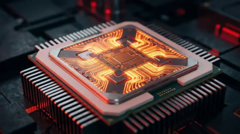 Close-up of an overheating computer chip with red emergency lighting reflections.