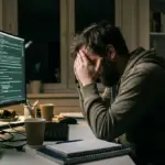 Frustrated developer looking at glowing computer screen in dark office