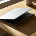 A sleek modern silver laptop resting open on a wooden desk.