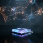 Futuristic microchip with glowing neural network pathways representing AI memory compression.