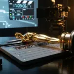 Golden award statuette resting on a modern digital film clapperboard.