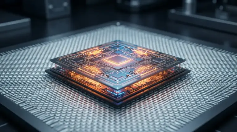 Close up of an advanced AI chip resting on woven glass fiber cloth.