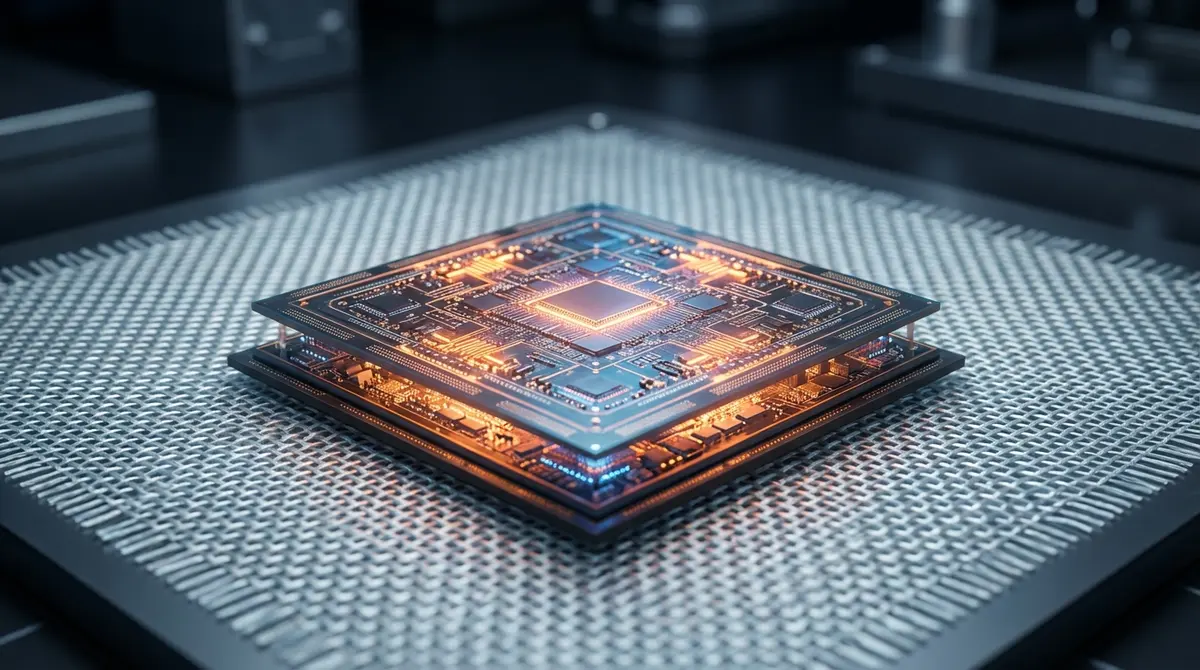 Close up of an advanced AI chip resting on woven glass fiber cloth.