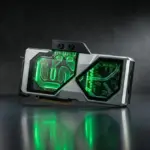 Futuristic high-end graphics card glowing with green lights on a reflective surface.