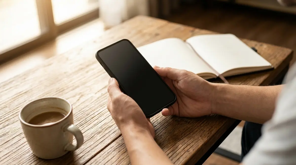 A person checking their smartphone at a morning coffee table.