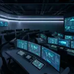 Dark military command center with glowing digital map screens