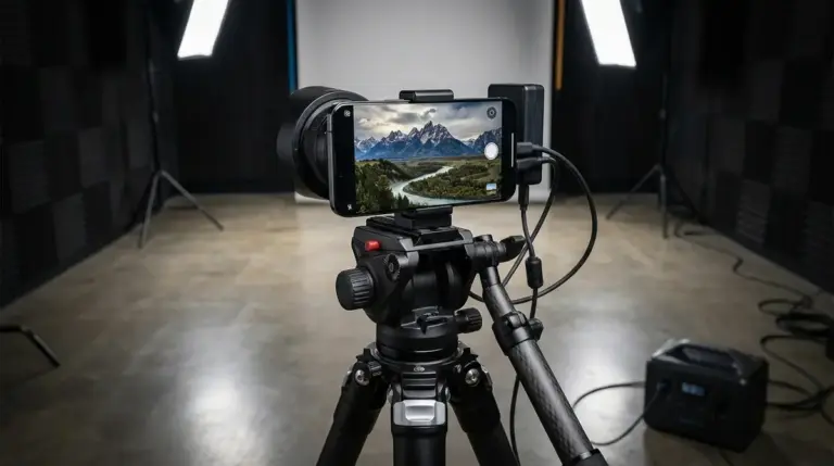 Modern smartphone mounted on a professional tripod displaying a magnified landscape.