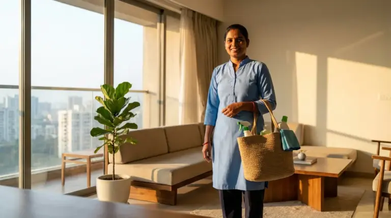 A uniformed Pronto service professional standing in a modern living room.