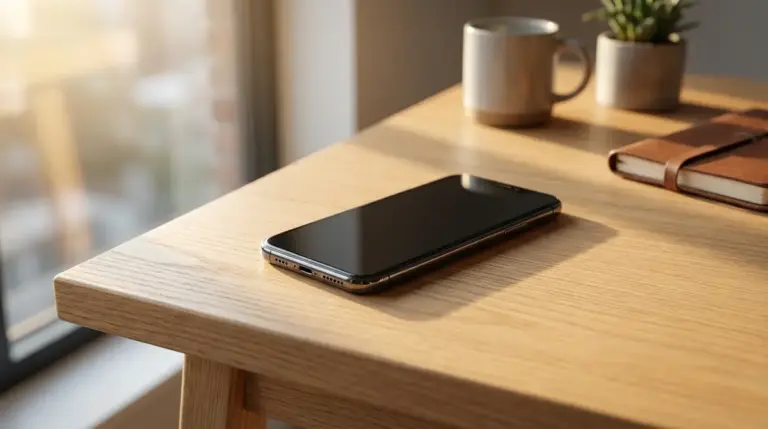 Modern smartphone resting on a wooden desk bathed in cinematic sunlight