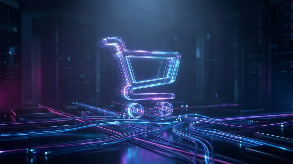Futuristic digital shopping cart floating over a glowing fiber optic data network.