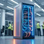 Glowing fiber optic cables connected to a modern data center server rack.