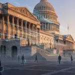 Imposing government building facade with digital data streams and corporate elements