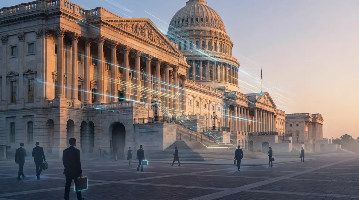 Imposing government building facade with digital data streams and corporate elements