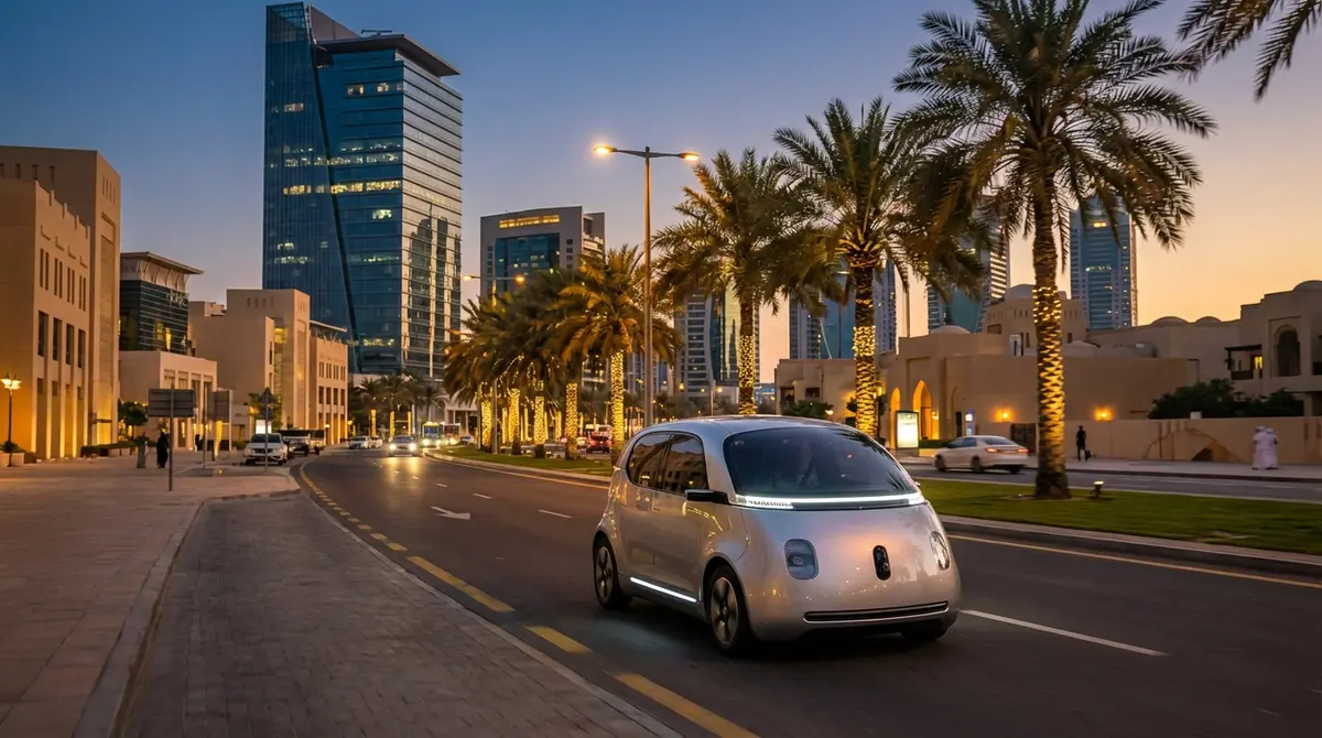 Futuristic Zoox autonomous pod driving on a brightly lit city street at dusk